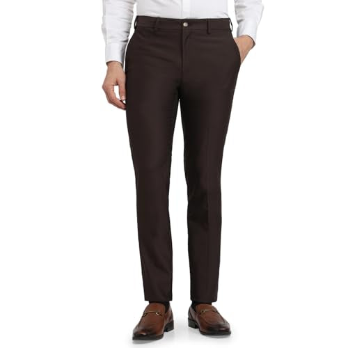 Raymond Men Slim Fit Structure Pattern Poly Viscose Blend Flat Front Formal Trouser Dark Brown