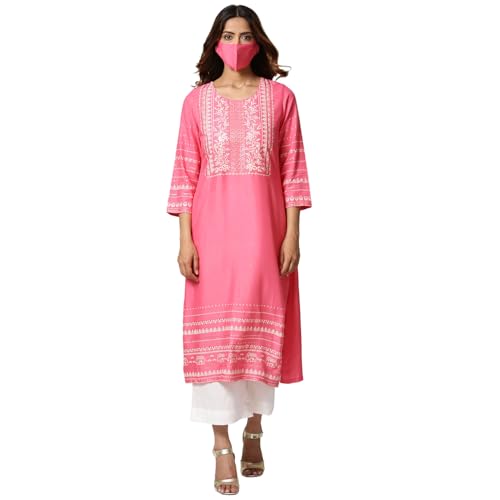BIBA Women Pink Rayon Straight Kurta Palazzo Suit Set_46