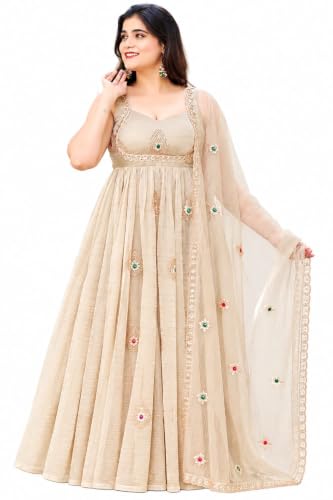 Beige Anarkali Gown with Net Dupatta, Embroidered Ethnic Wear | Floral Stone Work, Net Dupatta Included, Festive Occasion Wear, Flared Silhouette, Zari Embroidery
