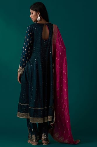 Wishful Women's Teal Green Heavy Embroidered Sequined Anarkali Kurta with Straight Pant and Dupatta Set (SP12842-401056-S)