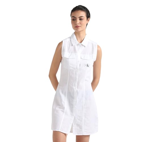 Calvin Klein Linen White Solid Shirt Collar Sleeveless Women Shirt Dress (XL)