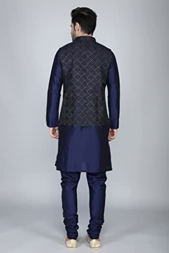Ethluxis Men's Silk Blend Kurta Churidar Pyjama With Ethnic Bundi Jacket Set (38, Navy/Navy, Regular Fit)
