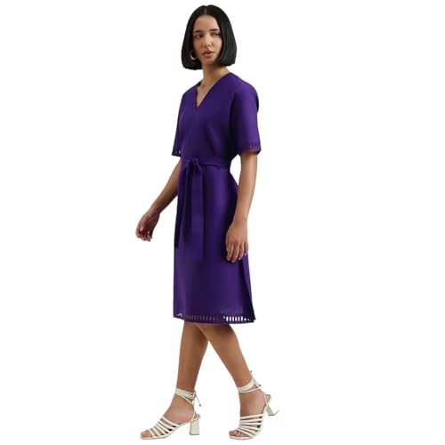 United Colors of Benetton Regular Fit V-Neck Self Design Dress (Size : M) - 26P4WVNDR307IV19 Purple
