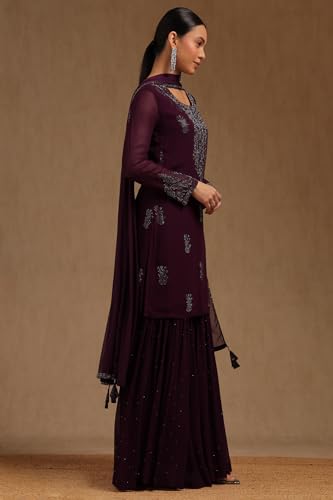 Soch Womens Wine Georgette Suit Set With Mukaish Work