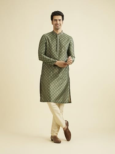 Manyavar Mens Green Art Silk Self Design Kurtas
