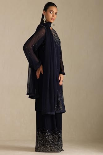 Soch Womens Navy Blue Georgette Suit Set With Stone Work