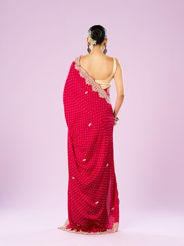 MOHEY Women's Satin Embroidery|Stone Work|Sequin Work Saree with Blouse Piece(Rani)