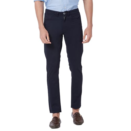 Giordano Men's Mid Rise Slim Fit Regular Length Solid 5 Pockets Navy Blue Chinos Trouser