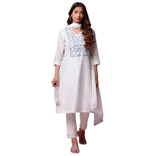 Biba Women Off White Cotton Blend Straight Kurta Pants Suit Set_44