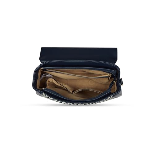 Caprese Wind Medium Satchel Bag for Women | Woven Texture Faux Leather Shoulder Bag with Adjustable & Detachable Strap | Dual Zipper & Magnetic Button Closure for Office & Casual Use (Midnight Blue)