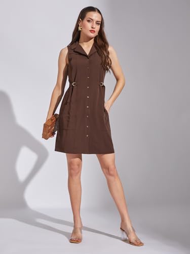 Latin Quarters Women Brown Sleeveless Casual Solid Dress_M