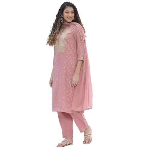 BIBA Women Dull Pink Embroidered Straight Suit Set_44