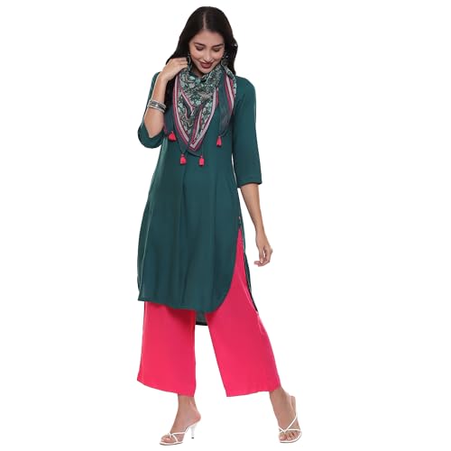 BIBA Women Solid Straight Rayon Suit Set (Green)