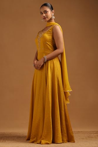 Soch Womens Mustard Vichitra Floral Gown with Cutwork