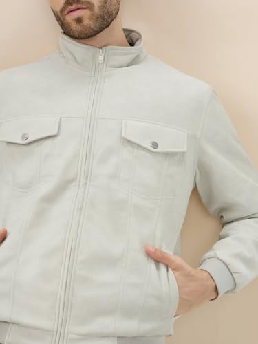 Status Quo Men's Solid Suede Finish Stand Collar Regular Fit Jacket | 100% Polyester | BEIGE | L Size