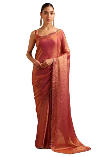 Soch Womens Fuchsia Fendy Organza Swarovski Stone Embellished Saree
