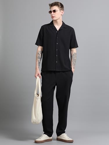 StitchX Men’s Airport Look Textured Seersucker Resort Cotton Shirt & Trouser Co-Ord Set Midnight Black-XL