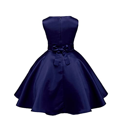 Hopscotch Girls Polyester Satin Sleeveless Bow Applique Party Fit And Flare Knee-Length Dress in Navy Color for Ages 5-6 Years (HSP-3780071)