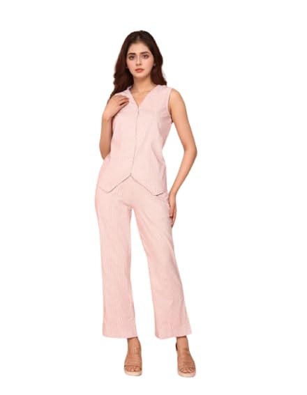 Fashfun Women's Solid Waist-Coat Co-ord Set Pink