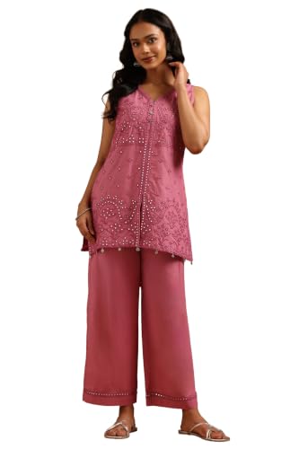 Soch Womens Onion Pink Cotton Floral Embroidered Kurta Set With Mirror Work