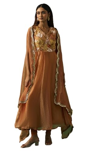 Wishful Women's Orange Embroidered Flared Dress with Churidar and Cape Set - (SP11492-401101-XL)