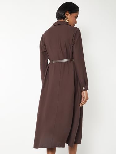 Max Women Solid Belted Shirt Dress (Brown_XS)