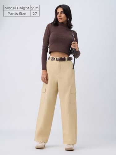 The Souled Store Cotton Linen Pants: Rich Cream Women Buttoned Waistband Solid Lightweight Utility Straight Fit Cargo Pants