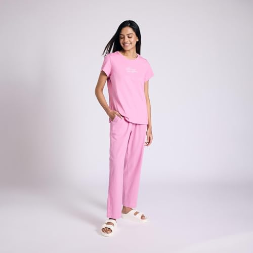 NYKD Essential Cotton Pyjama Coord Set with Crew Neck Cotton Knit Tee Nys943 Pink Seer