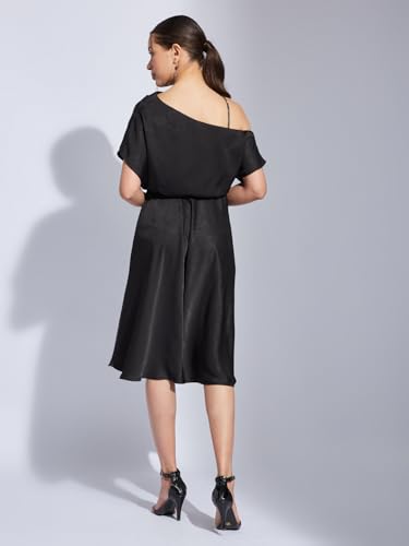 Latin Quarters Women Black One Shoulder Half Sleeves Solid Fit & Flare Dress