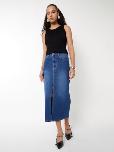 Max Women Washed Denim High Rise Skirt (Blue_26)