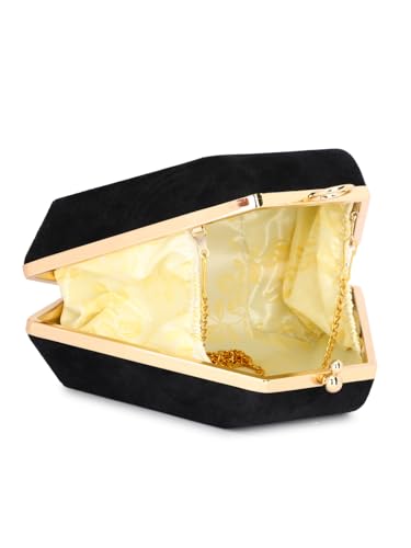TOOBA Black Suede Clutch Bag for Women – Chic Synthetic Purse with Gold Frame & Chain Strap, Perfect for Formal Events, Dinners & Ethnic Outfits