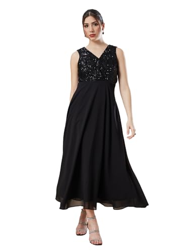 Latin Quarters Women's Black Sleeveless Sequin V-Neck Evening Dress_XXL