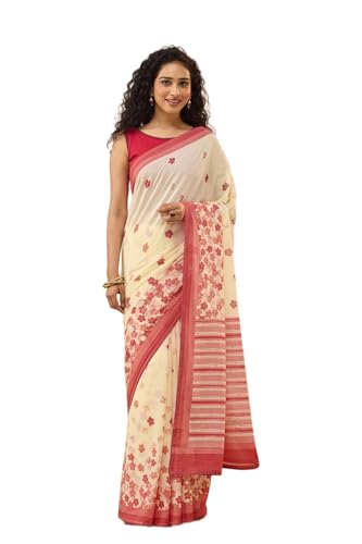 Taneira Women Light Yellow Cotton Mulmul Bengal Screen Print Saree with Unstitched Blouse (SAIP01AD4408 - Light Yellow)