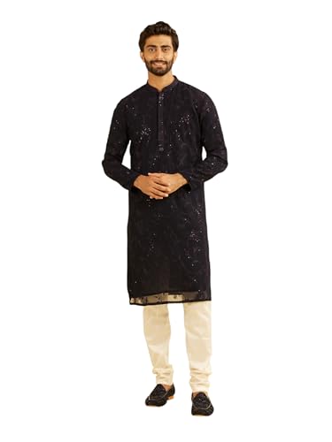 Manyavar Men's Georgette Floral Threadwork & Sequinned Kurta Churidar Set (Dark Blue,S)