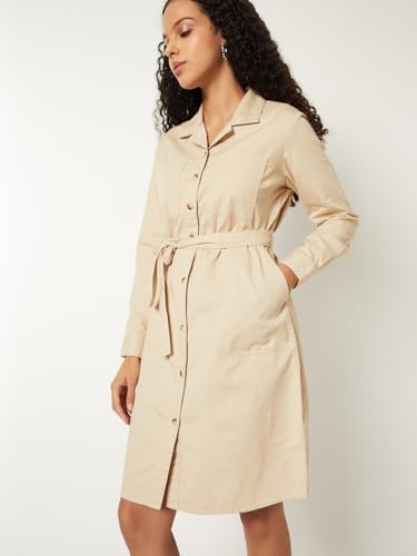 Max Women Solid Shirt Midi Dress (Beige_M)