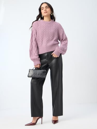 The Souled Store Cable-Knit Sweater: Dusky Rose Women and Girls Full Sleeves Round Neck Knitted Acrylic Lightweight Casual Oversized Sweater