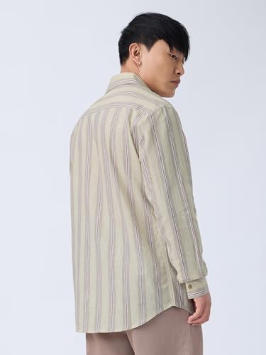 The Souled Store: Nova Men and Boys Long Sleeve Spread Collar Beige Striped Regular Fit Summer Ready Breathable Lightweight Easy to Style Officewear Casual Cotton-Linen Shirt