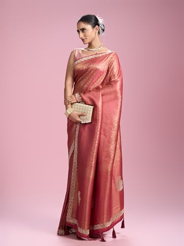 MOHEY Women's Art Silk Mirror Work, Stone Work, Weave Saree with Blouse Piece(Coral)