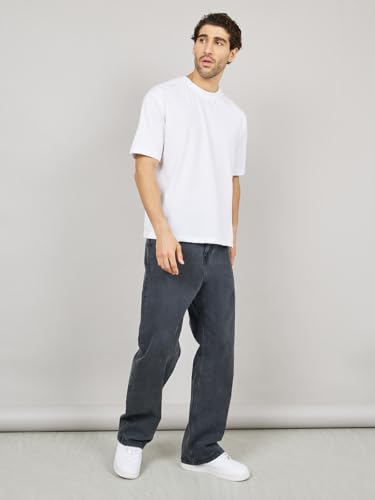 Styli Men Wide Leg Mid-Rise Stretchable Jeans | Dark Black with Light Fade Enzyme Wash, 5 Pockets, Regular Fit | Comfortable & Versatile Casual or Everyday Wear