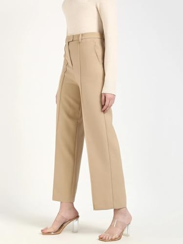 Relaxed-Fit Solid High-Rise Trouser Beige