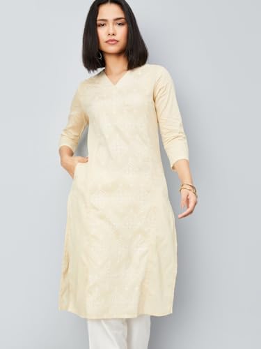 Max Women Thread Embroidered Kurta, Beige, XXL