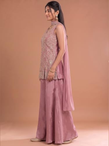 Varanga Women Pink A Line Kurta Palazzos Set V Neck Sleeveless Chinon