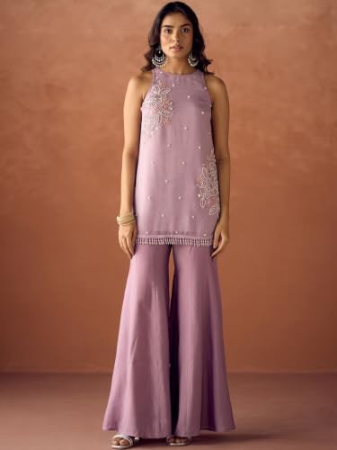 Women's Lavender Silk Blend Embroidered Kurti Set With Palazzo And Dupatta