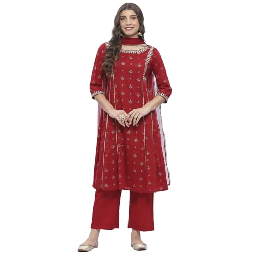 Biba Women Red Cotton Foil Printed Kalidar Suit Set_44