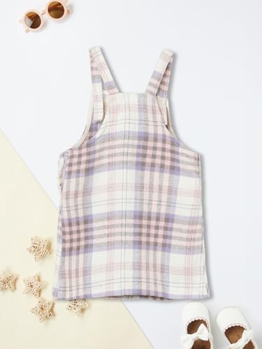 Max Girls Flannel Checked Pinafore Dress with Top (White_6-12 M)