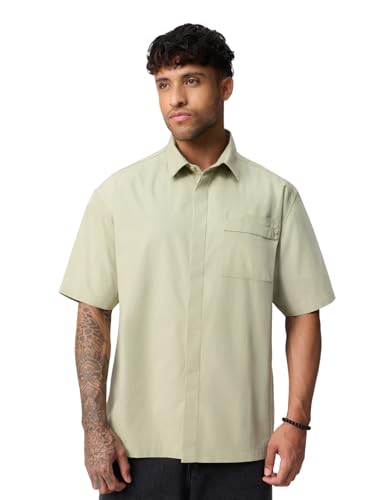 The Souled Store Oversized Shirt: Neptune Men and Boys Short Sleeve Spread Collar Light Green Solid Cotton Lightweight Drop Shoulder Streetwear Trendy Casual Oversized Shirt