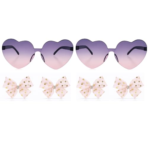 Tresneria Cute Kids Sunglasses Combo | Heart Shaped Purple Pink Goggles with Golden Polka Bow Hair Clips for Girls