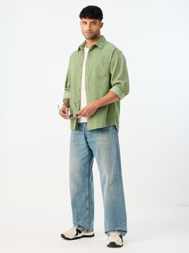 The Souled Store Corduroy Shirt: Jade Men and Boys Long Sleeve Spread Collar Green Solid Casual Easy to Style Everyday Officewear Casual Relaxed Fit Cotton Shirt
