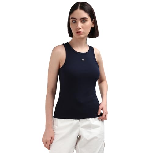 Tommy Hilfiger Blue Solid Cotton Women Tank Top