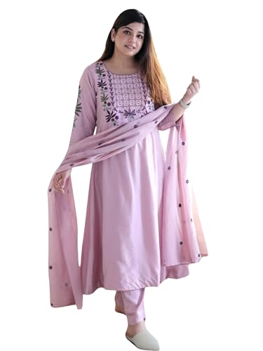 Nefer Women's Chanderi Silk Salwar Suit with Dupatta - Embroidered Kurta Trouser Set - Light Lavender